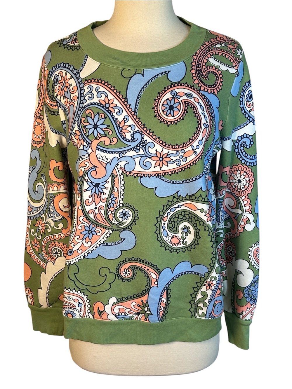 Talbots Paisley Sweatshirt Green Blue Pink Cotton Blend Pullover size Small